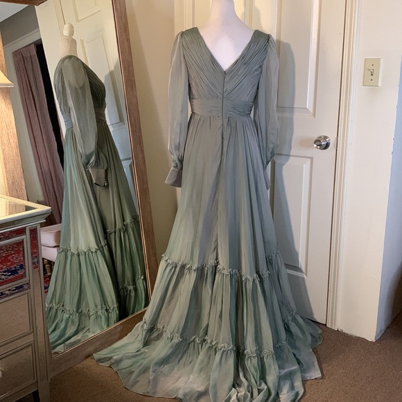 MAC DUGGALFaux Wrap Illusion Bishop Sleeve Tiered Gown